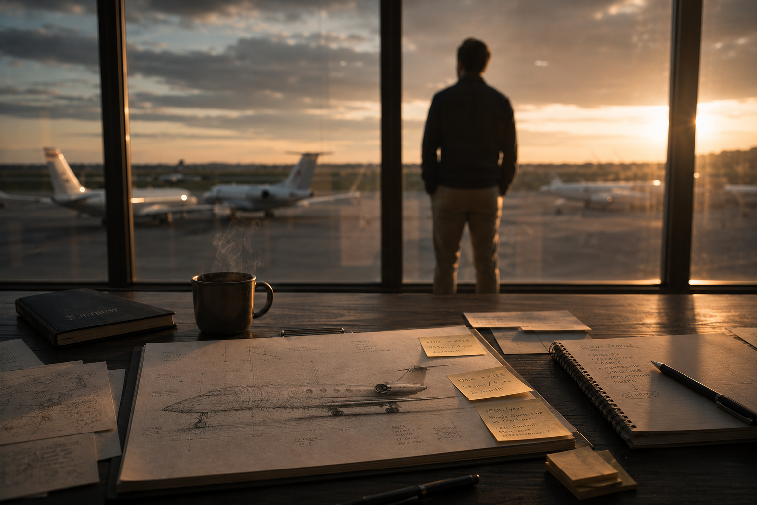 Warm advisory office with aviation details and a calm runway view
