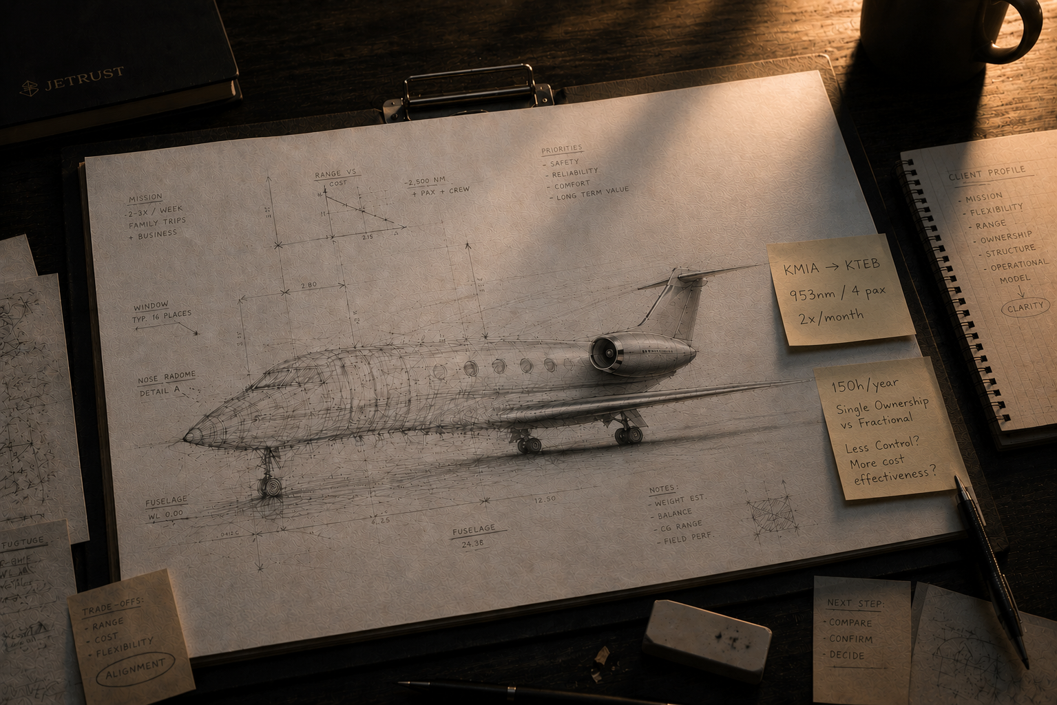 Warm planning table with aircraft sketches, notebooks, and advisory tools