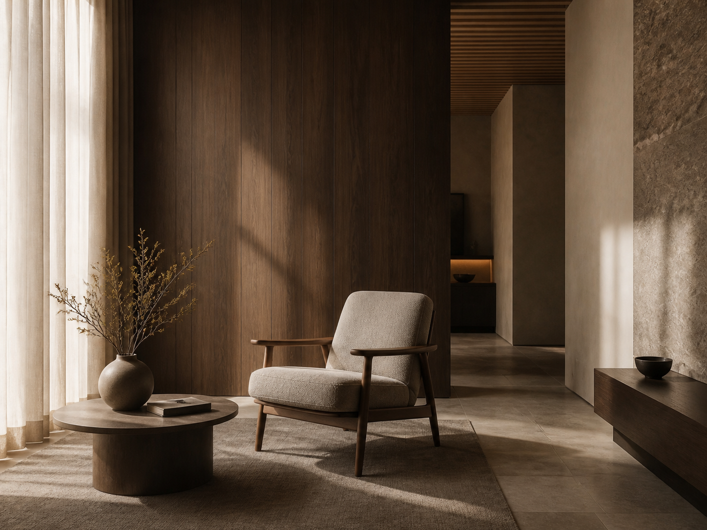 Calm architectural interior with refined hospitality materials