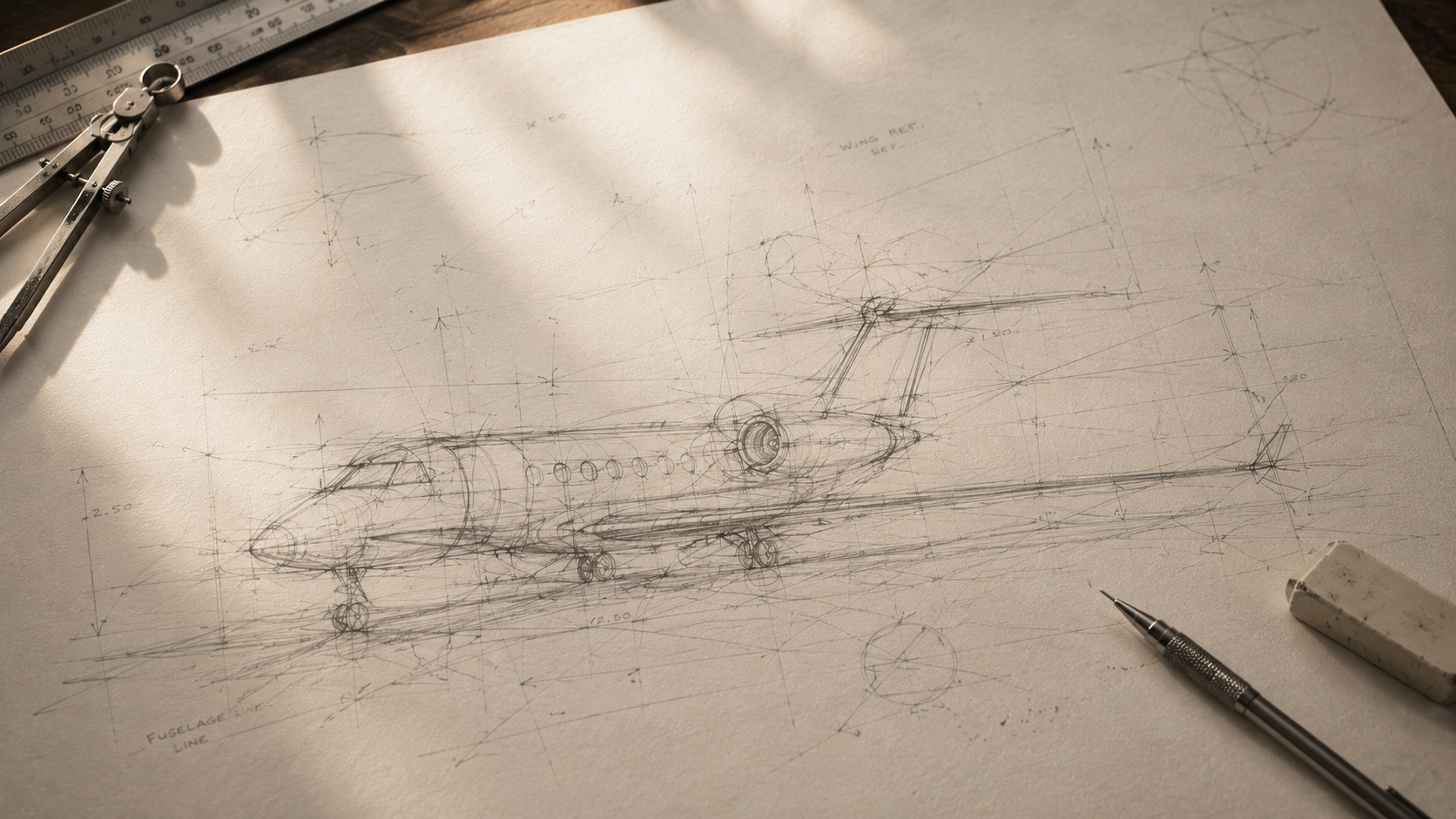 Conceptual aircraft and hangar sketch on a drafting board