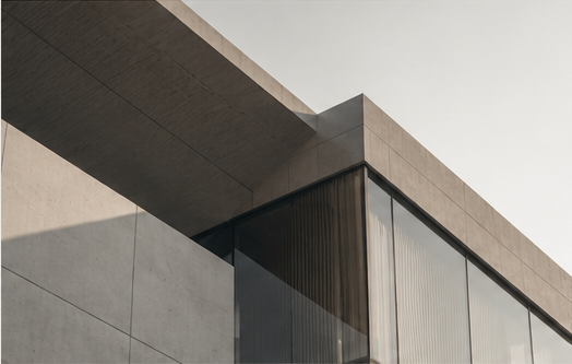 Architectural structure with precise concrete and glass geometry