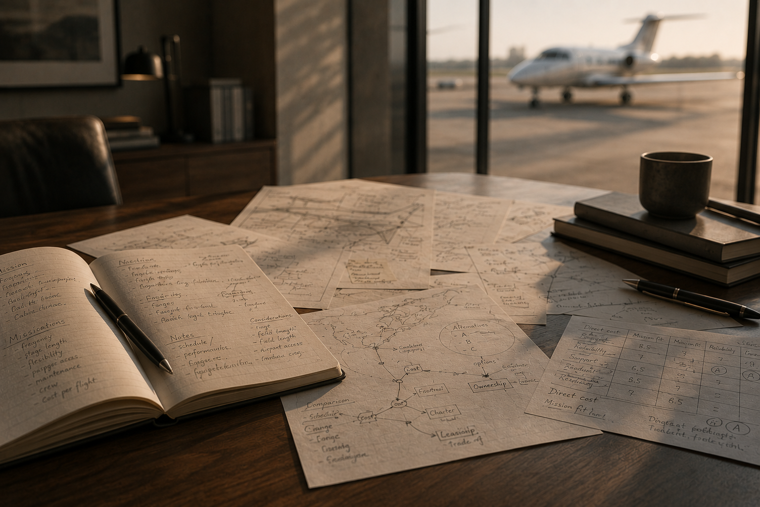 Aircraft planning table with technical sketches and a hangar environment